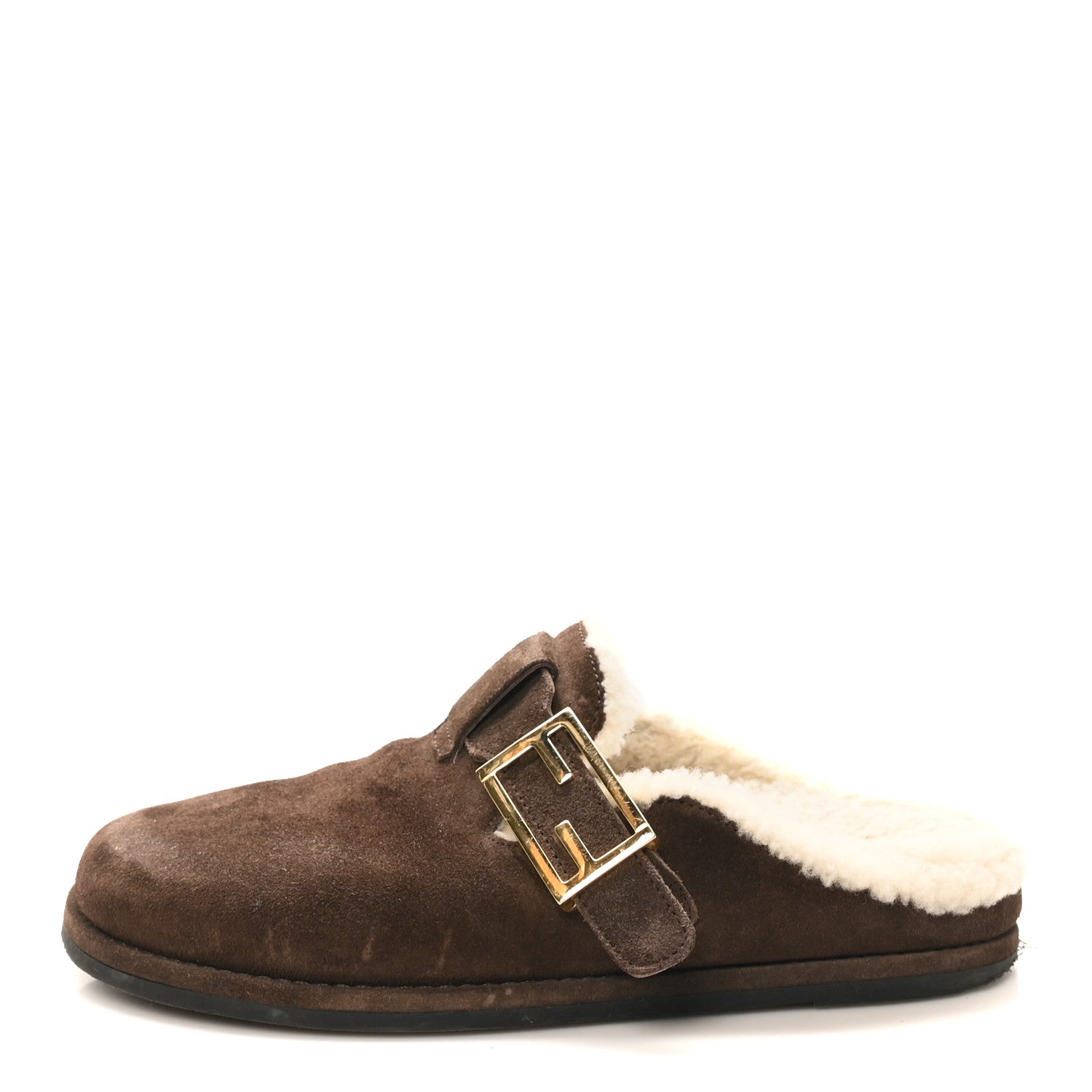 Fendi Suede Shearling Fendi Feel Buckled Clogs 36 Mogano Latte