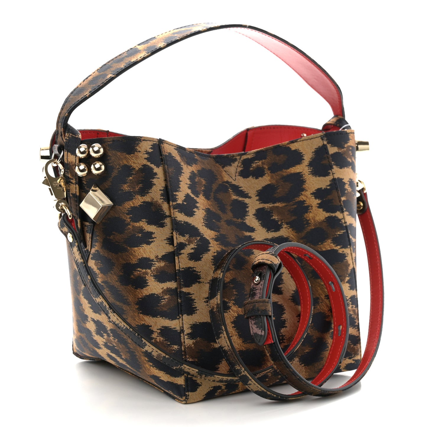 Crepe Satin Leopard Print Empire Spike Studded Mini Cabachic Bucket Bag Brown
