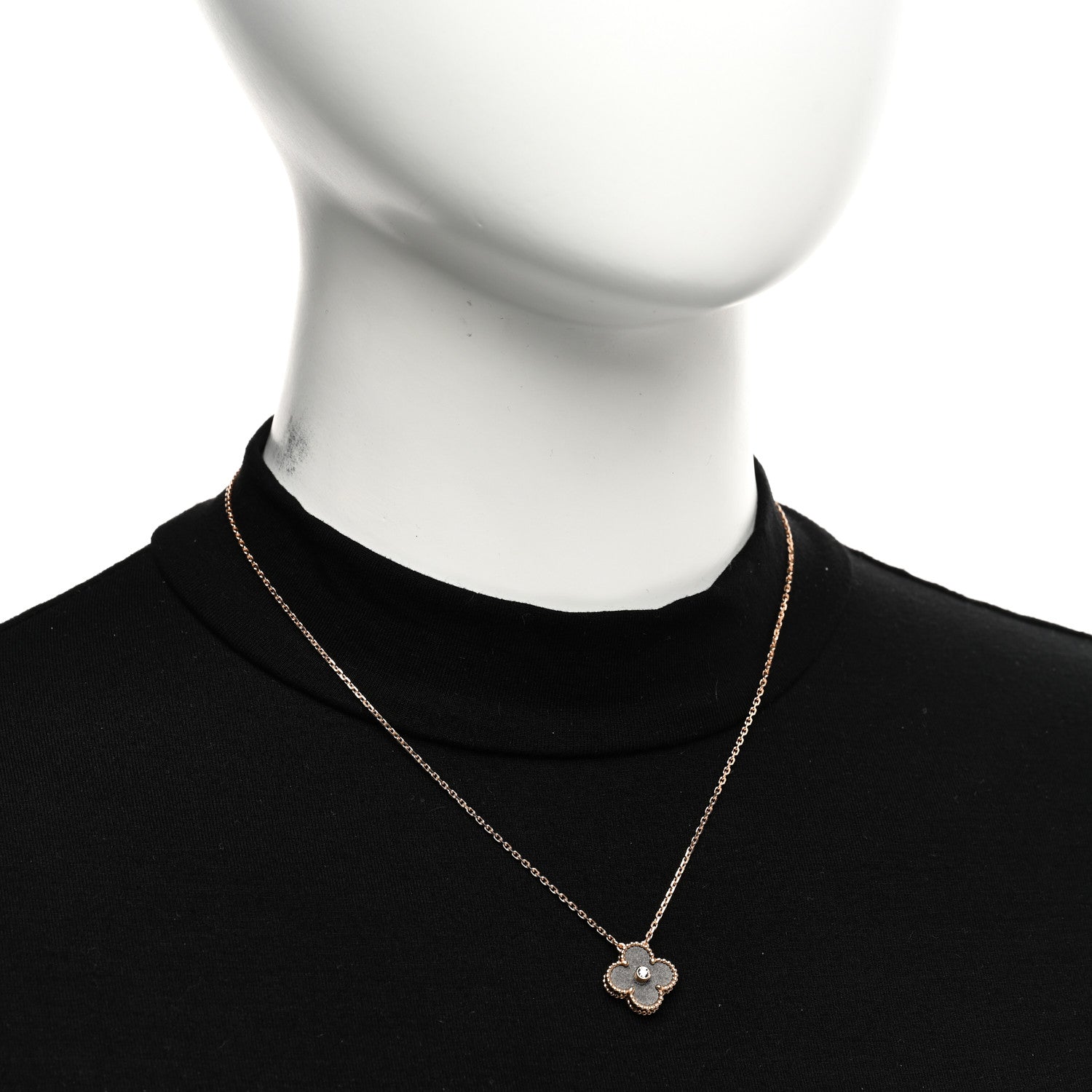 Van Cleef & Arpels 18K Rose Gold Diamond Silver Obsidian Vintage Alhambra Pendant Necklace 2 of 5