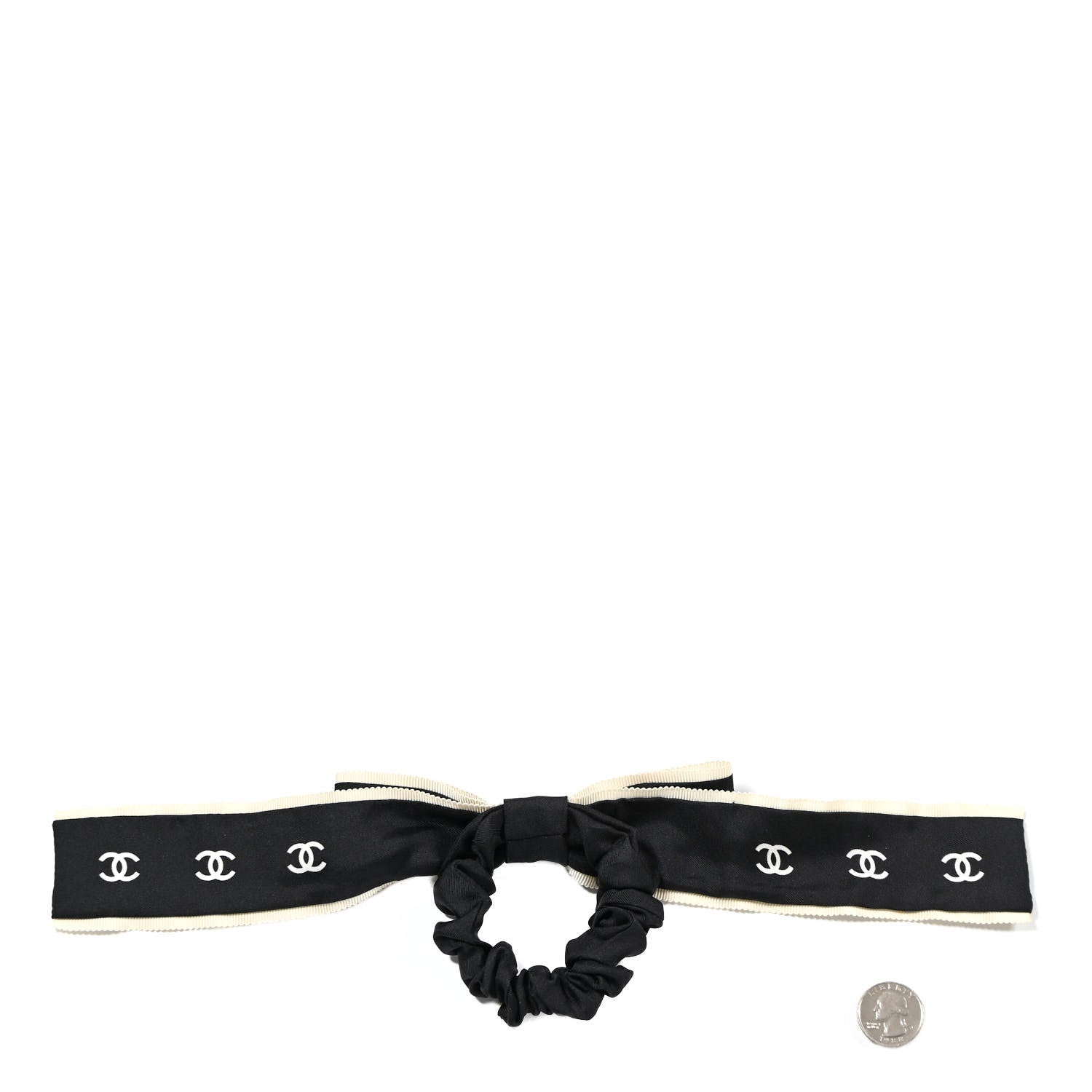 Chanel Silk CC Hair Tie Black Ecru 2 of 3