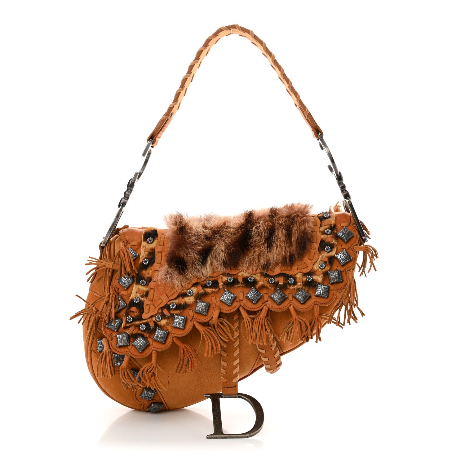 Christian Dior Suede Fur Studded Fringe Saddle Bag Brown 1580069