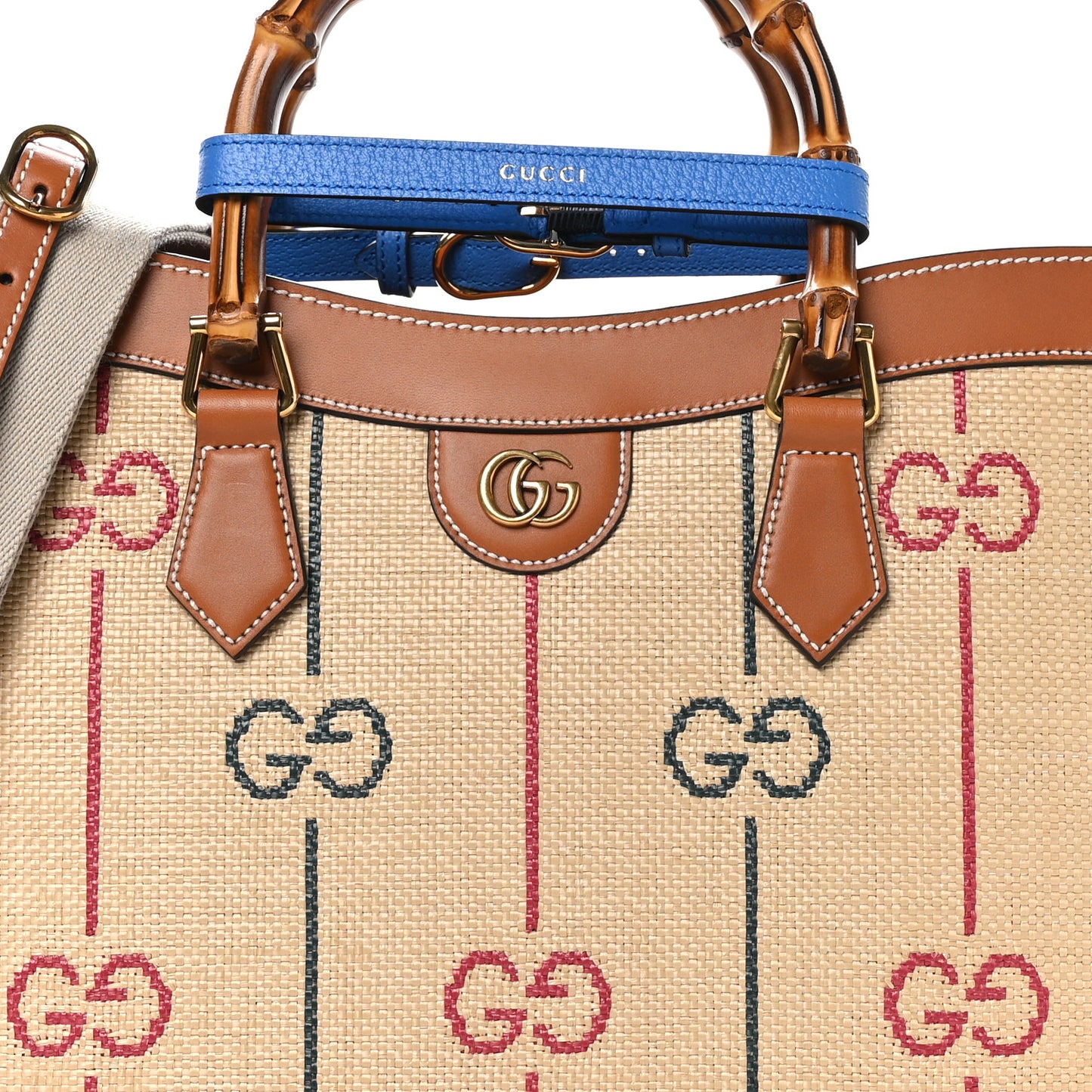 Raffia Monogram GG Jacquard Medium Diana Tote Bag Natural Red Green Modern Blue