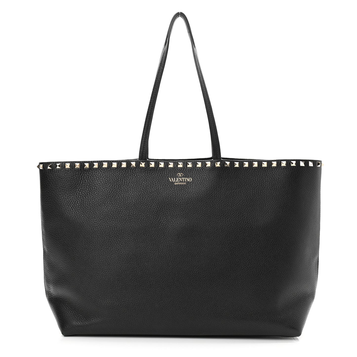 Grained Calfskin Rockstud Shoulder Tote Black