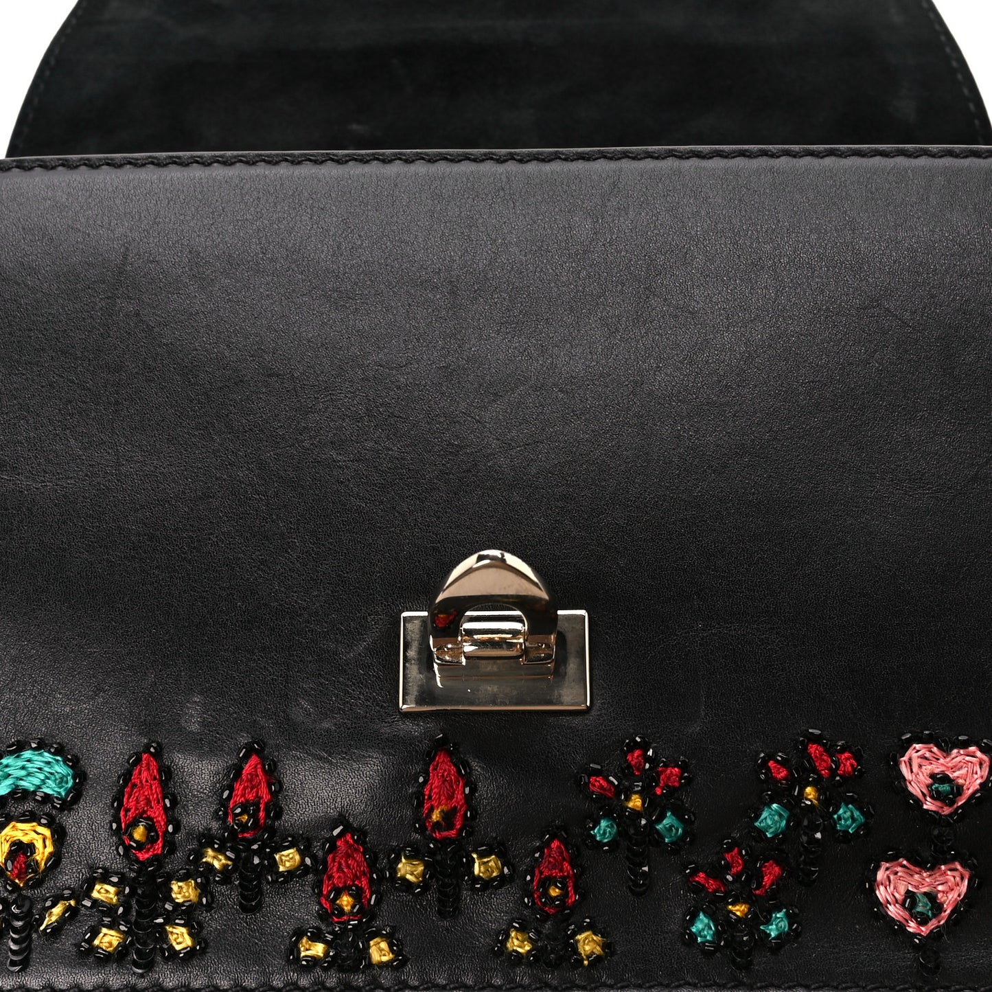 Calfskin Embroidered Beaded Rockstud Small Demilune Shoulder Bag Black Multicolor