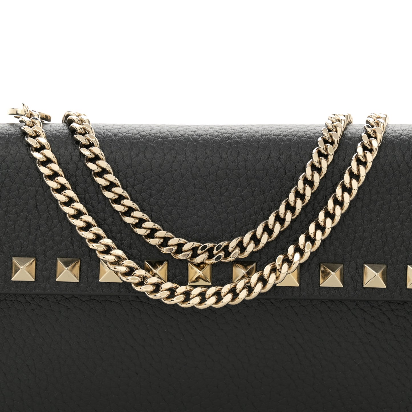 Pebbled Calfskin Rockstud Flap Wallet On Chain Black