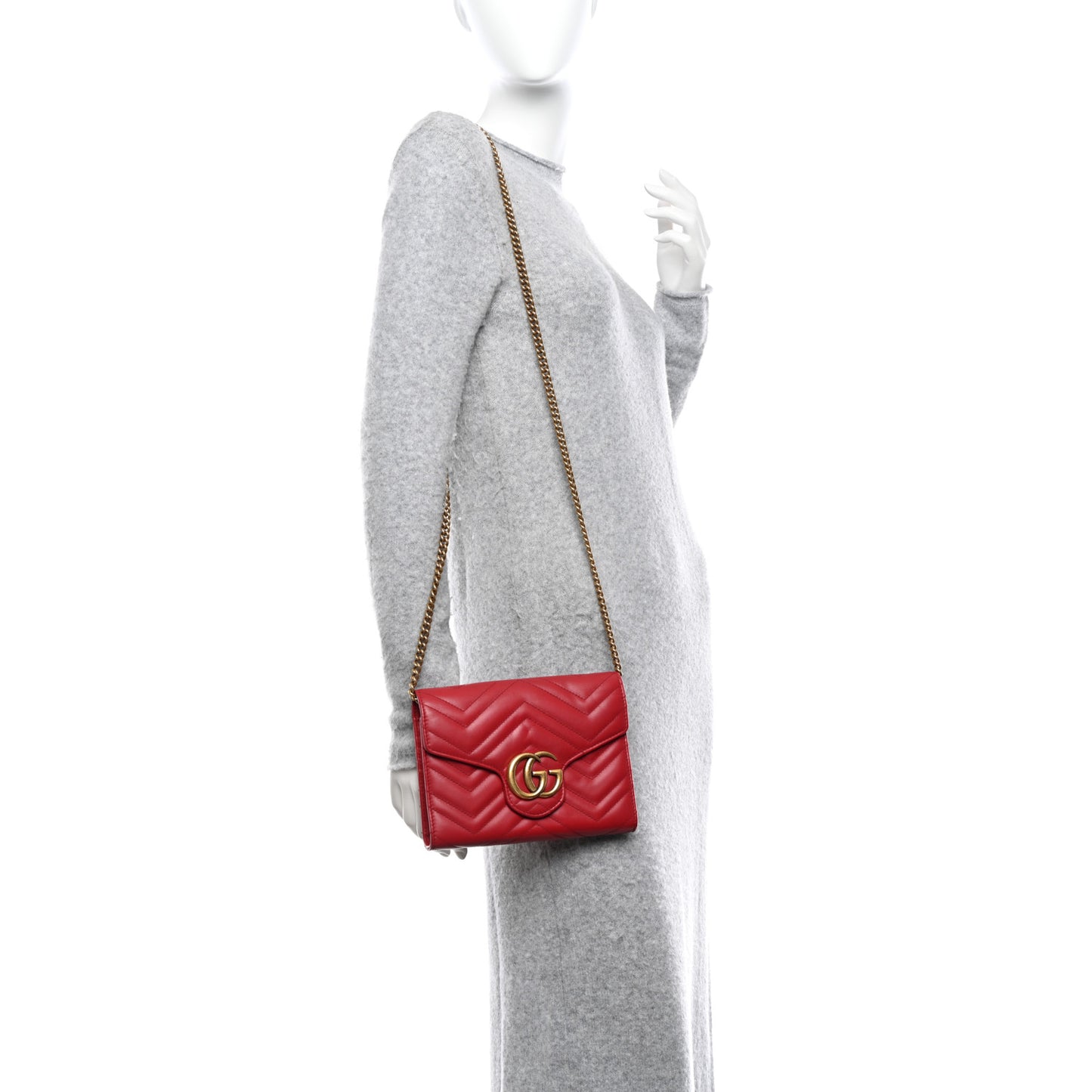 Calfskin Matelasse GG Marmont Chain Wallet Hibiscus Red