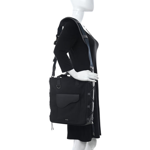 Nylon Grained Calfskin Saddle Tote Black