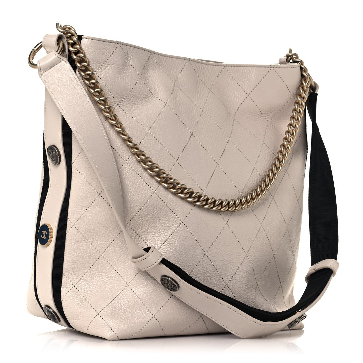 Calfskin Stitched Large Button Up Hobo Ivory Black