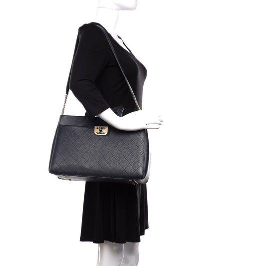 Calfskin Stitched Large Straight Lines Shopping Tote Navy