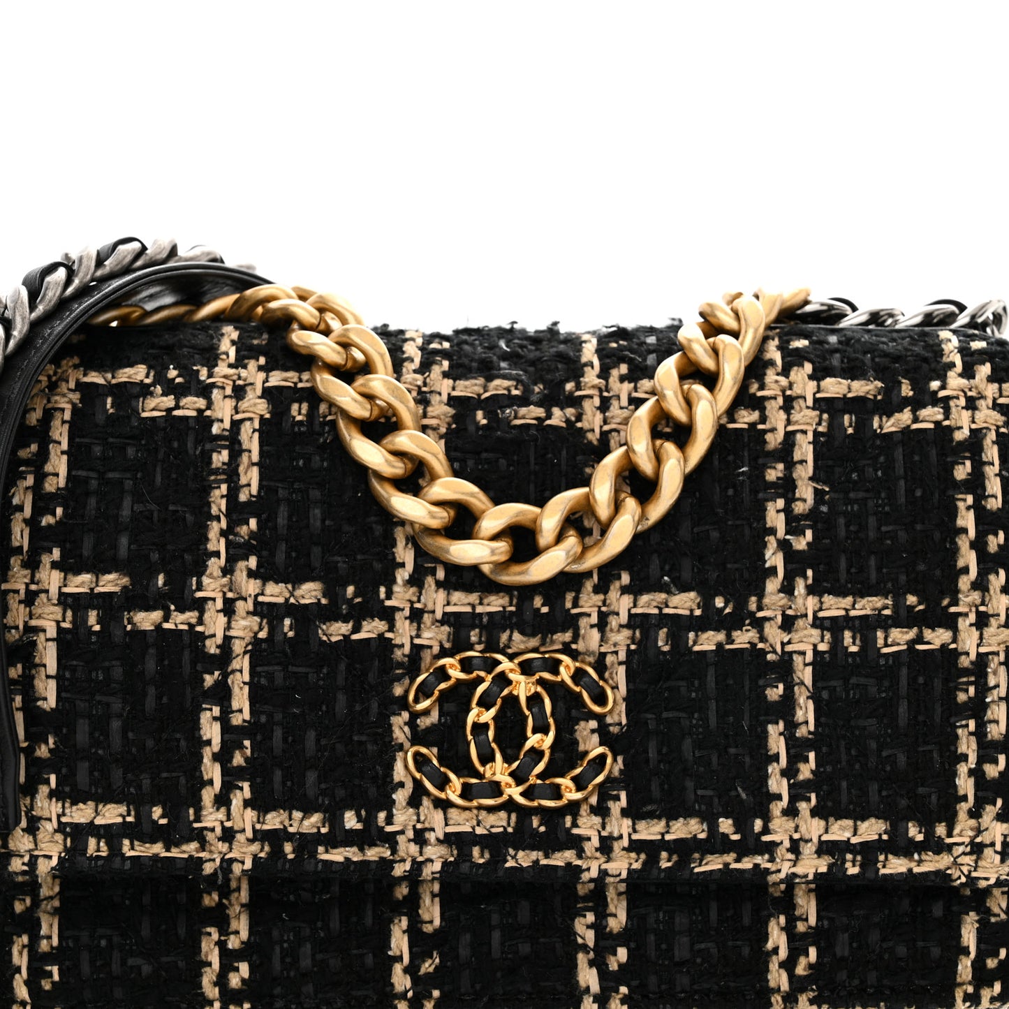 Tweed Quilted Chanel 19 Wallet On Chain WOC Black Beige