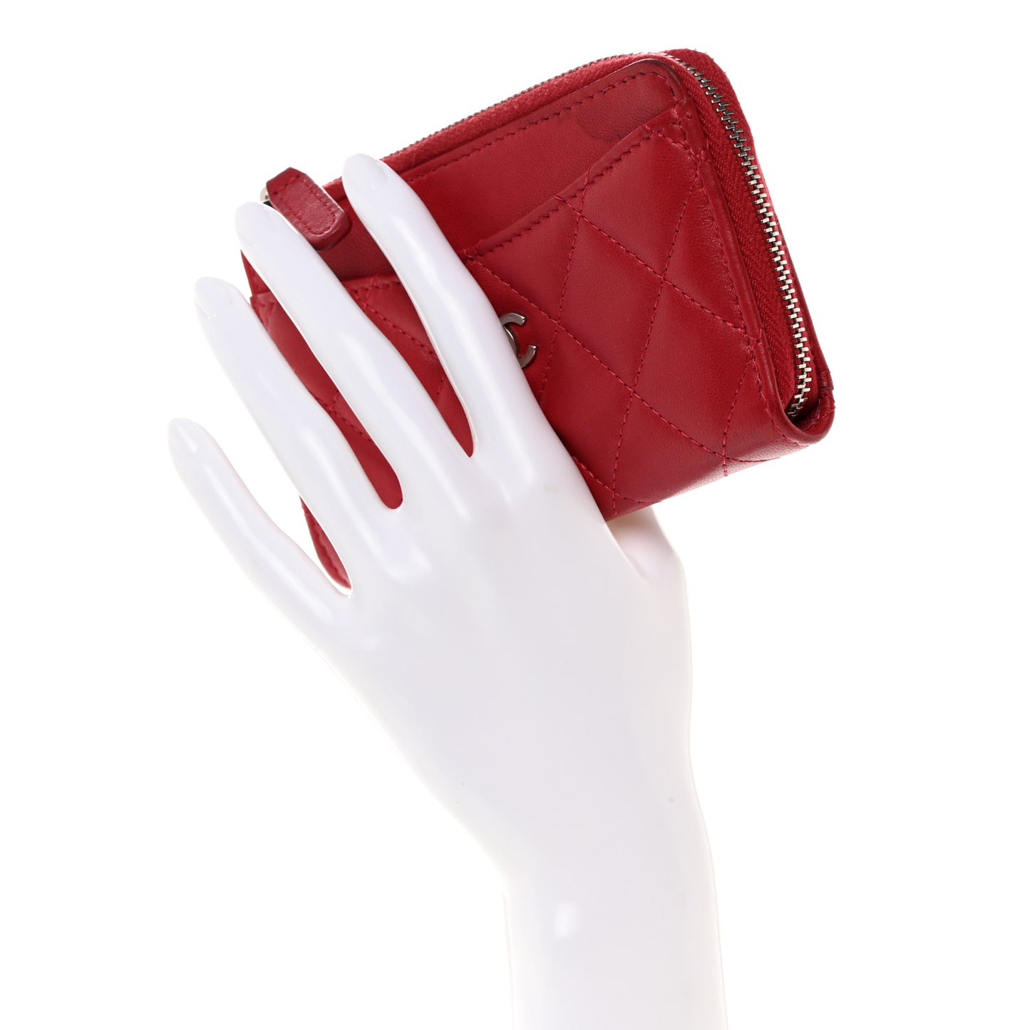 Lambskin Quilted CC Zip Around Card Holder Red