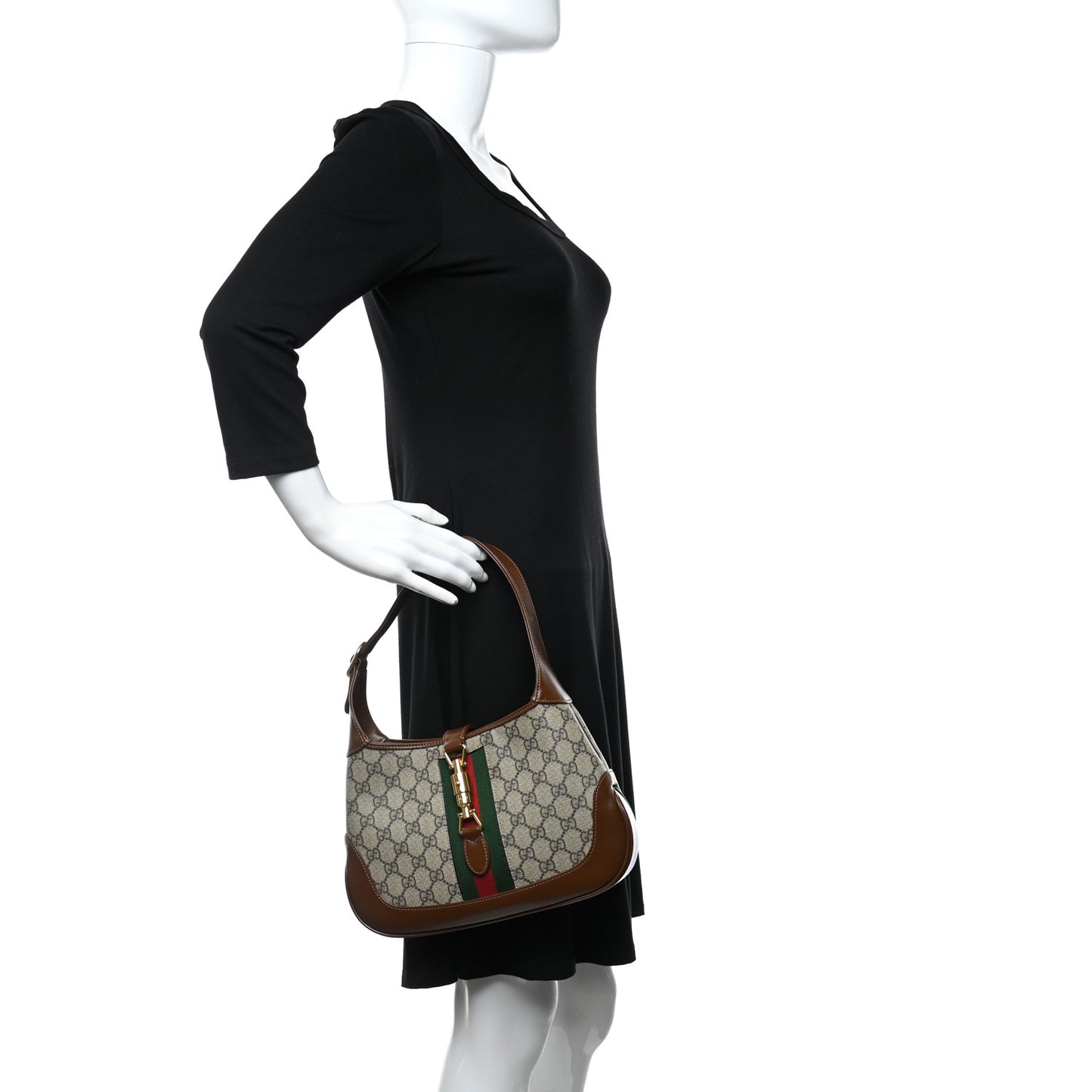 GG Supreme Monogram Azalea Calfskin Web Small Jackie 1961 Hobo Beige Ebony Brown Sugar