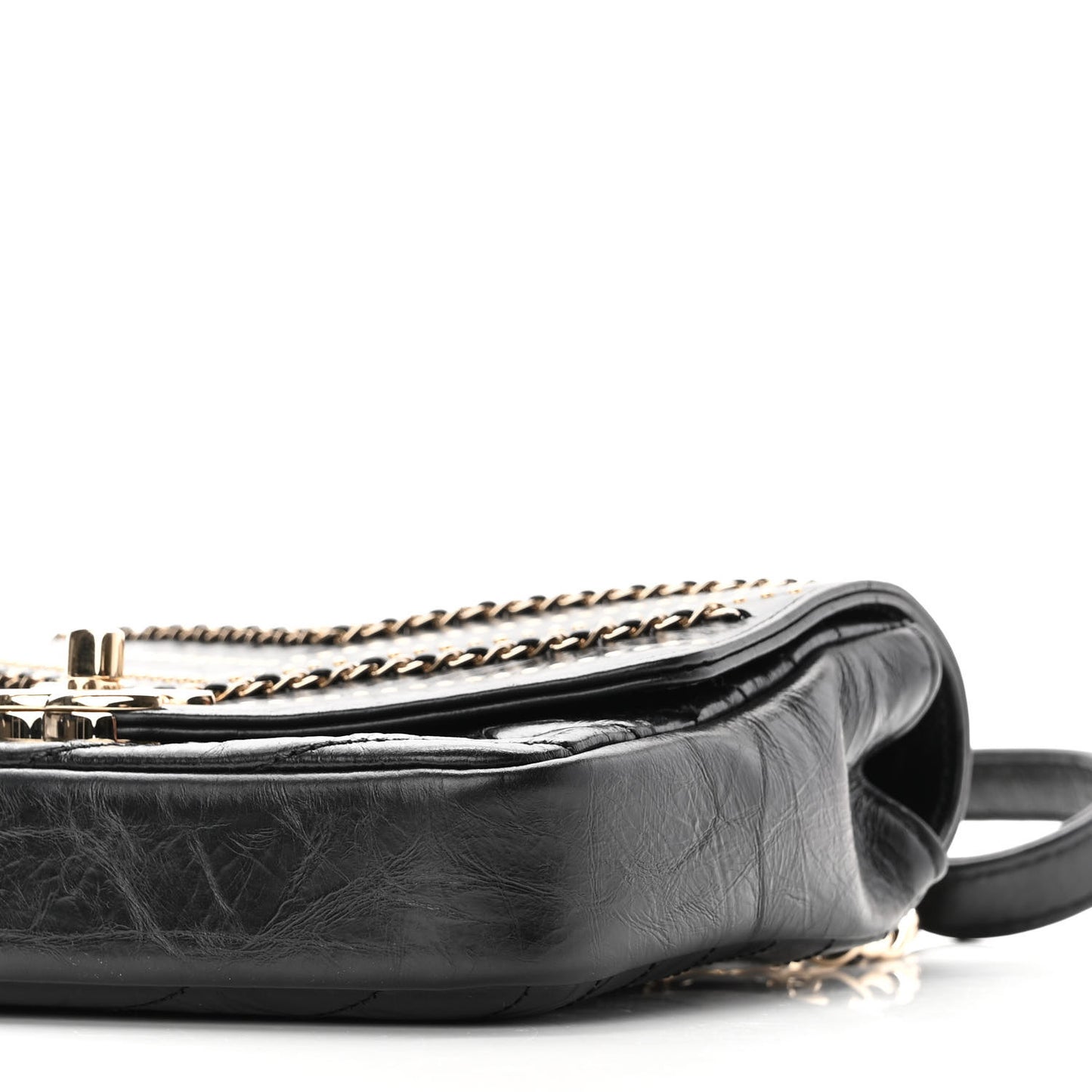 Crumpled Calfskin Chevron Chain Mini Square Flap Black