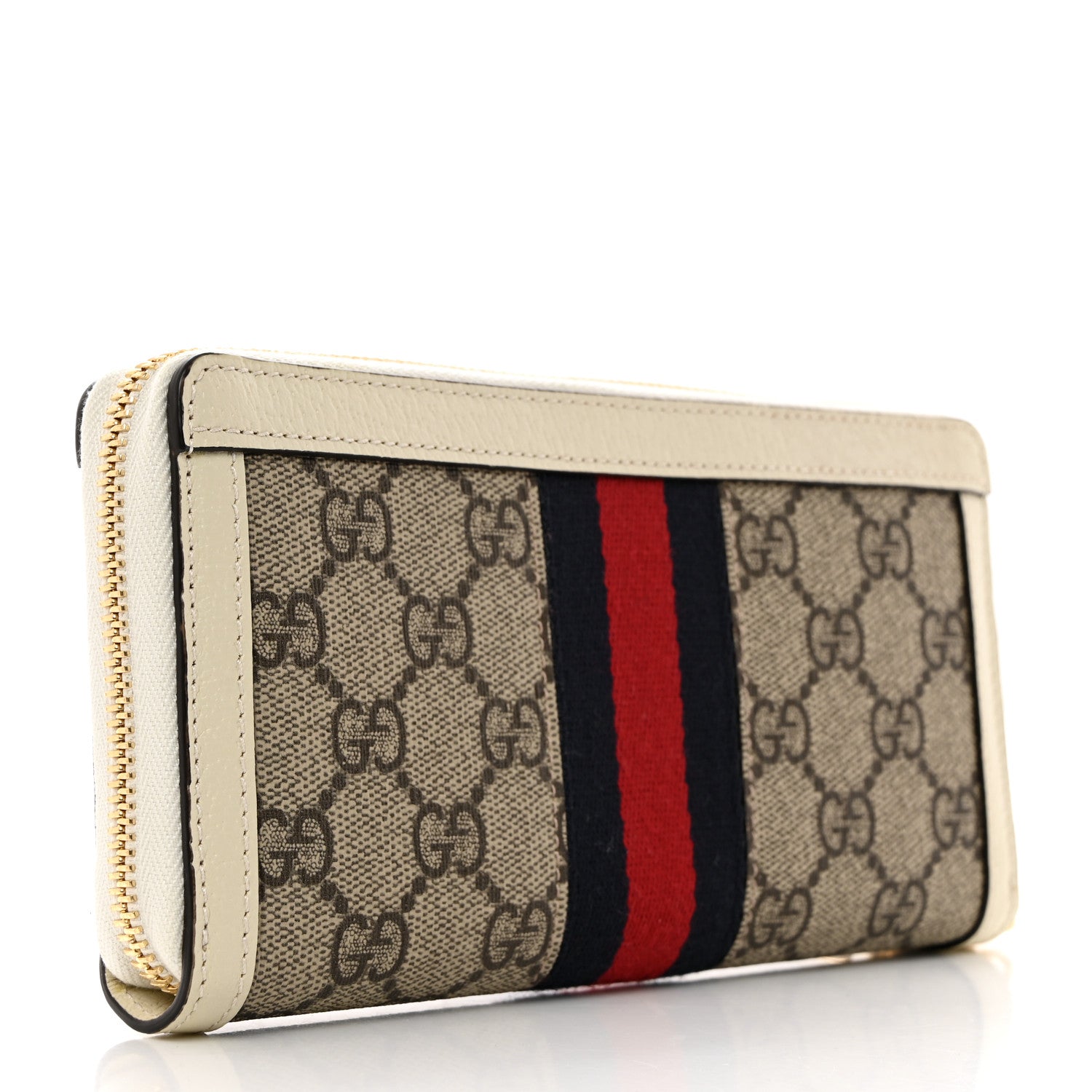 Gucci GG Supreme Monogram Textured Dollar Calfskin Web Ophidia Zip Around Wallet Beige Ebony Mystic White 3 of 8