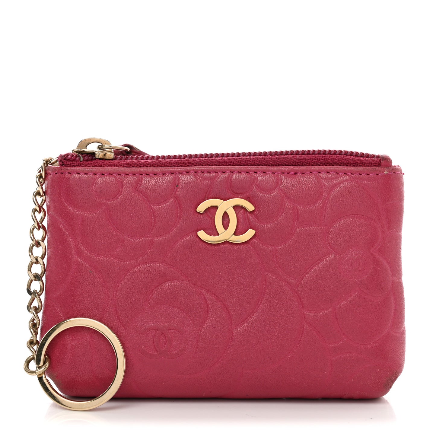 Lambskin Camellia Embossed Key Holder Case Fuchsia