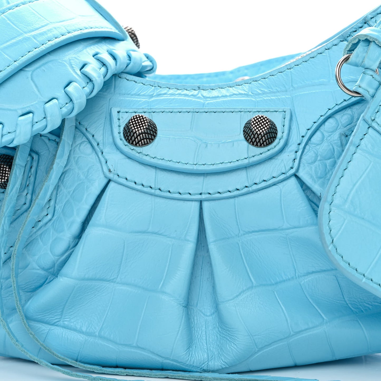 Extra Supple Calfskin Crocodile Embossed Le Cagole Shoulder Bag XS Sky Blue