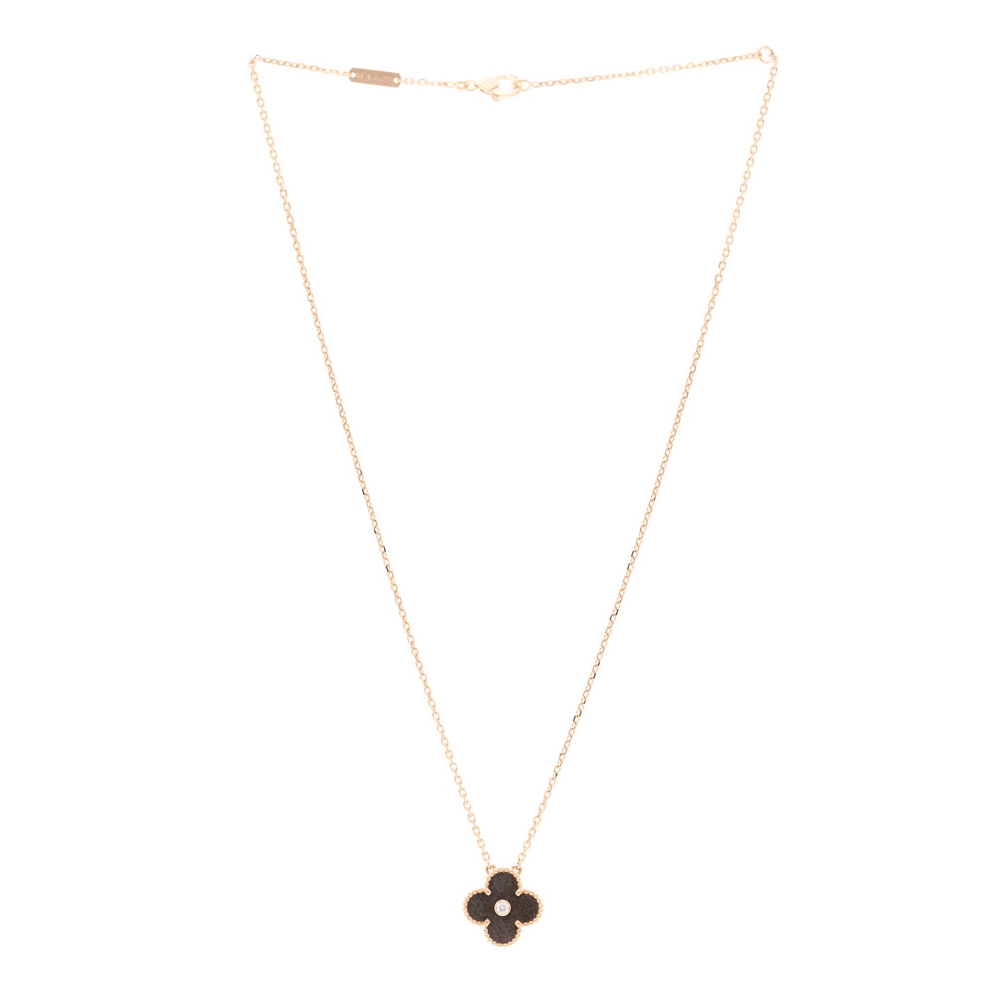 18K Rose Gold Diamond Silver Obsidian Vintage Alhambra Pendant Necklace