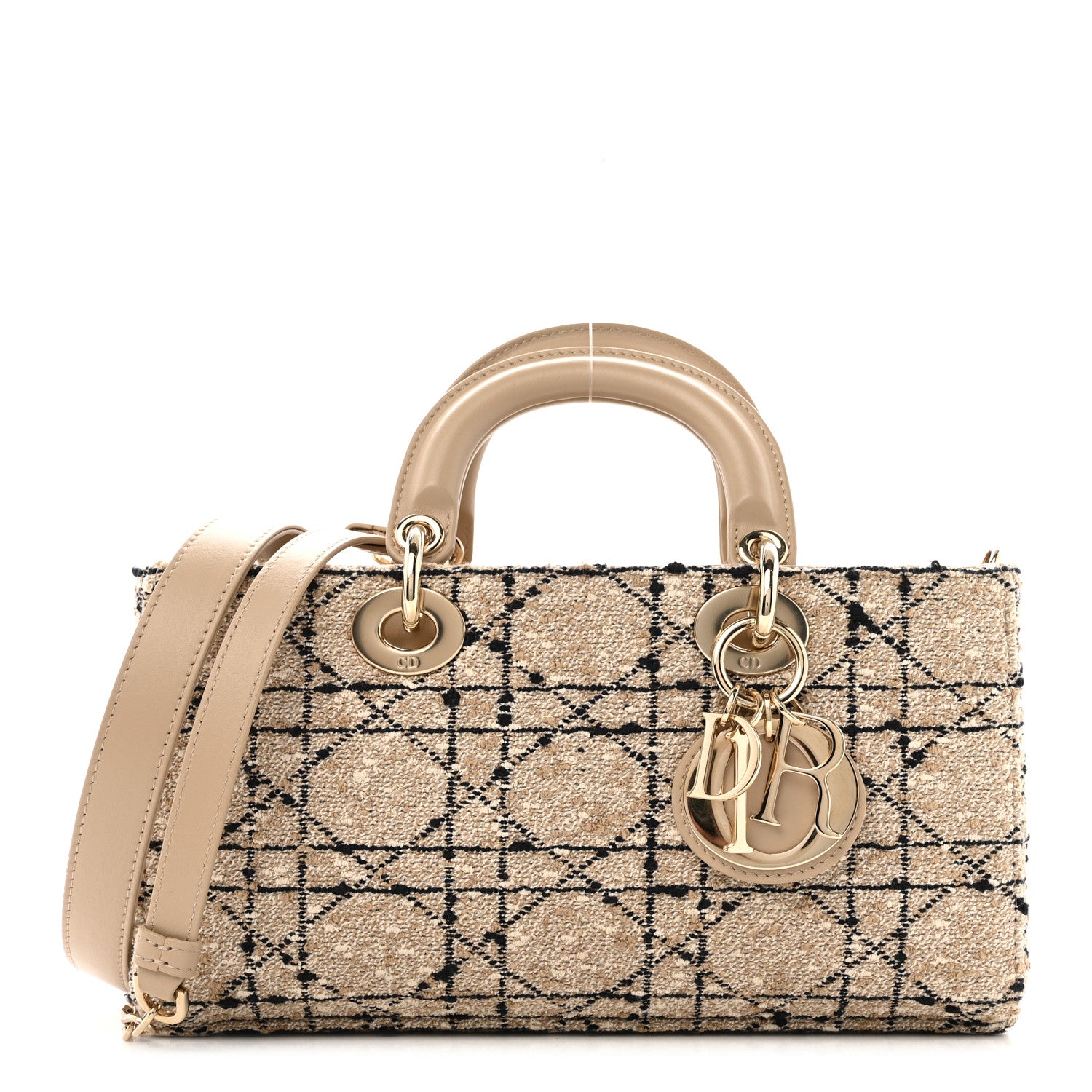Christian Dior Tweed Cannage Medium Lady D-Joy Natural Black