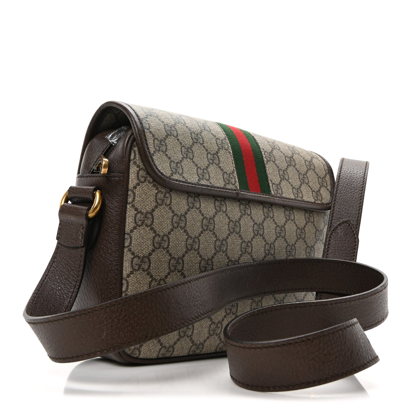 GG Supreme Monogram Textured Dollar Calfskin Web Ophidia Flap Shoulder Bag Beige Ebony New Acero