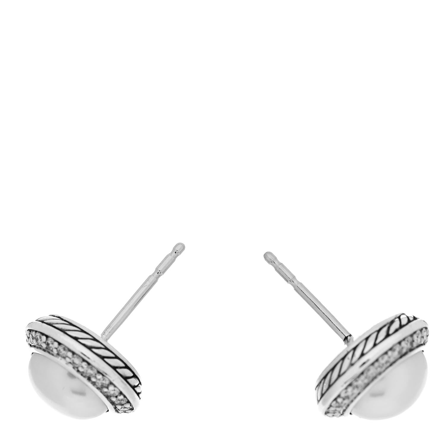 David Yurman Sterling Silver 14K Yellow Gold Diamond Pearl 8mm Cerise Earrings 3 of 5