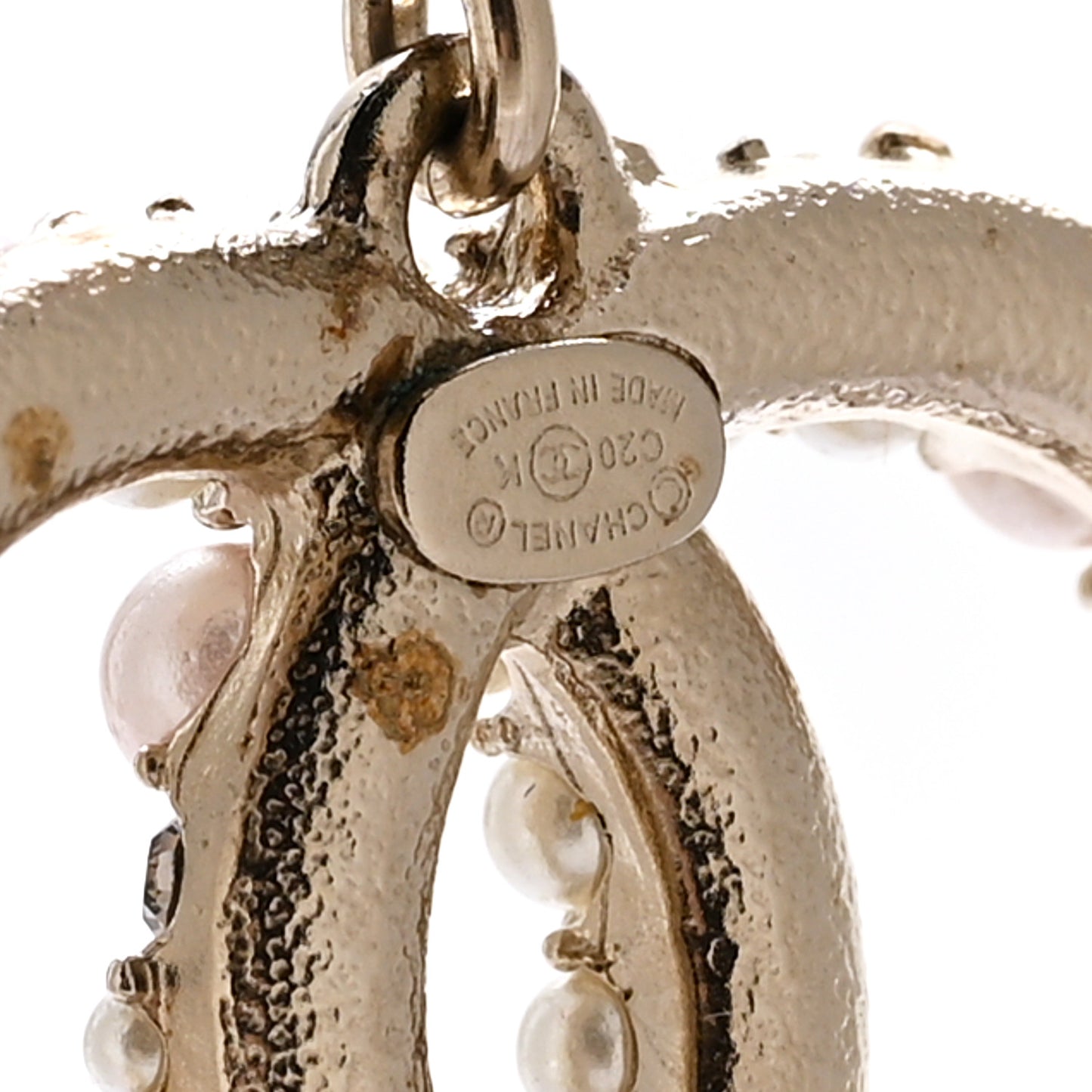 Pearl Crystal CC Charm Drop Earrings Gold Pink Pearly White