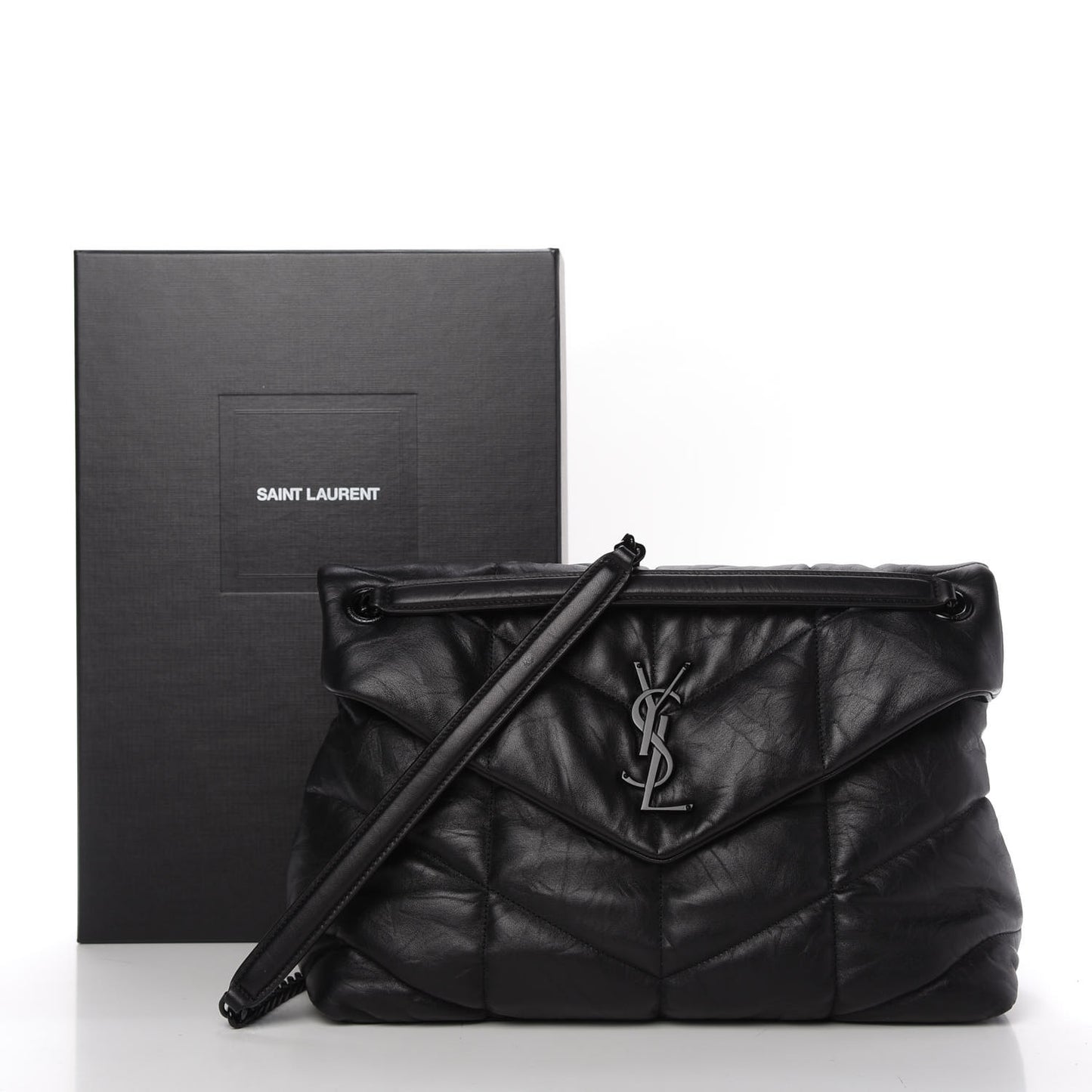 Lambskin Quilted Medium Loulou Puffer Monogram Chain Satchel Black