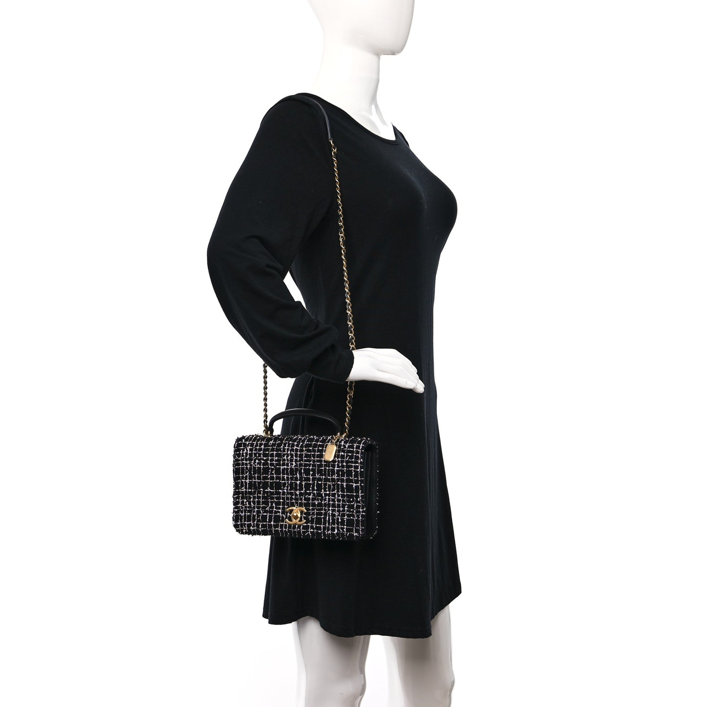 Tweed Lambskin Quilted Top Handle Flap Black White