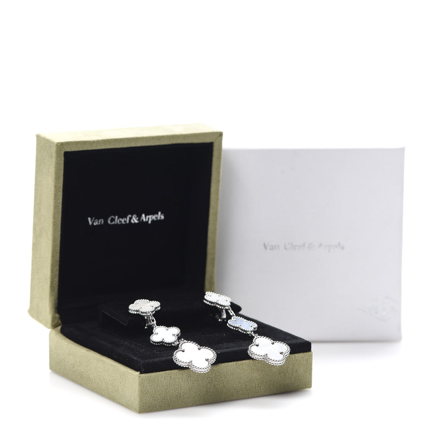 18K White Gold Mother of Pearl Chalcedony 3 Motifs Magic Alhambra Earrings