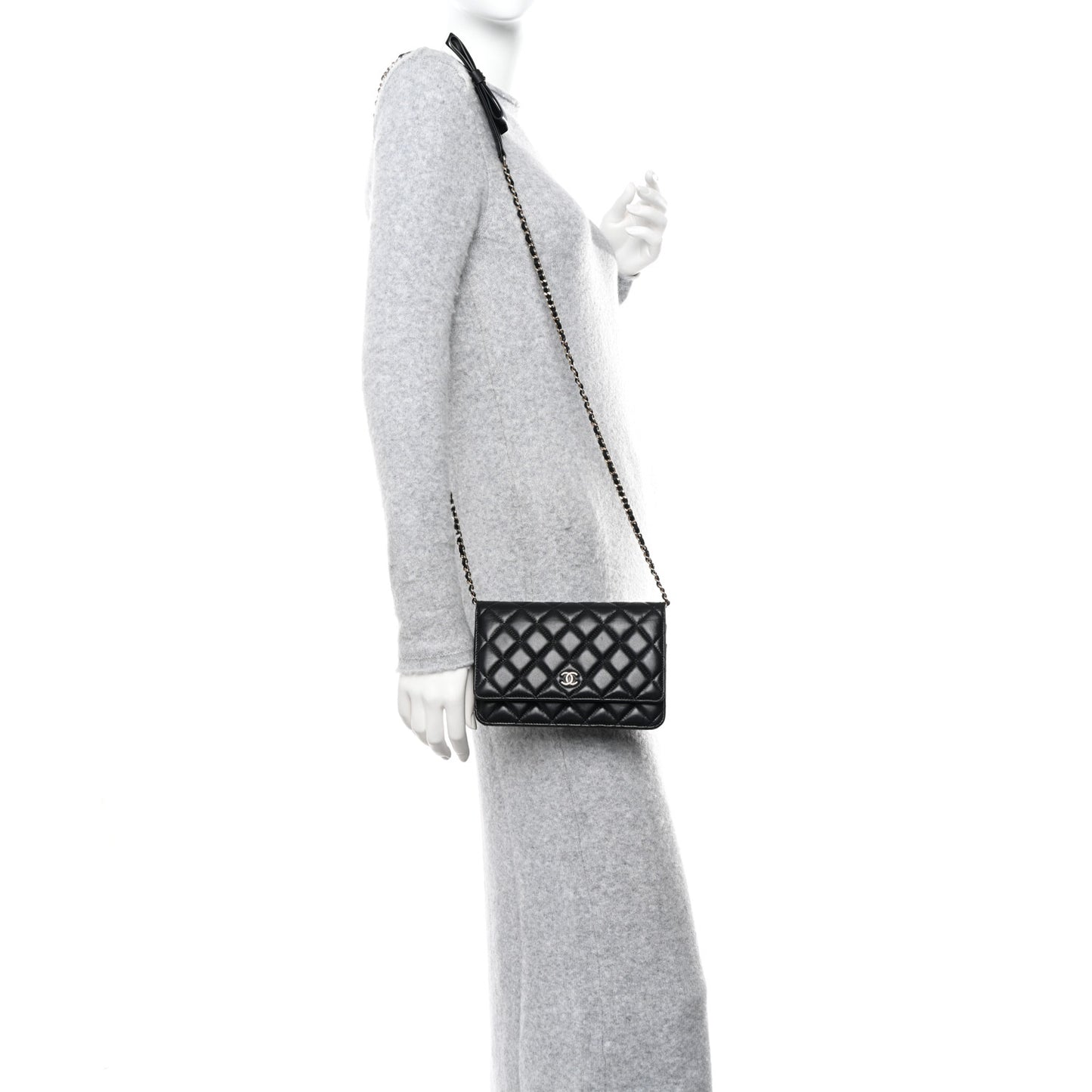 Lambskin Quilted Coco Bow Wallet On Chain WOC Black