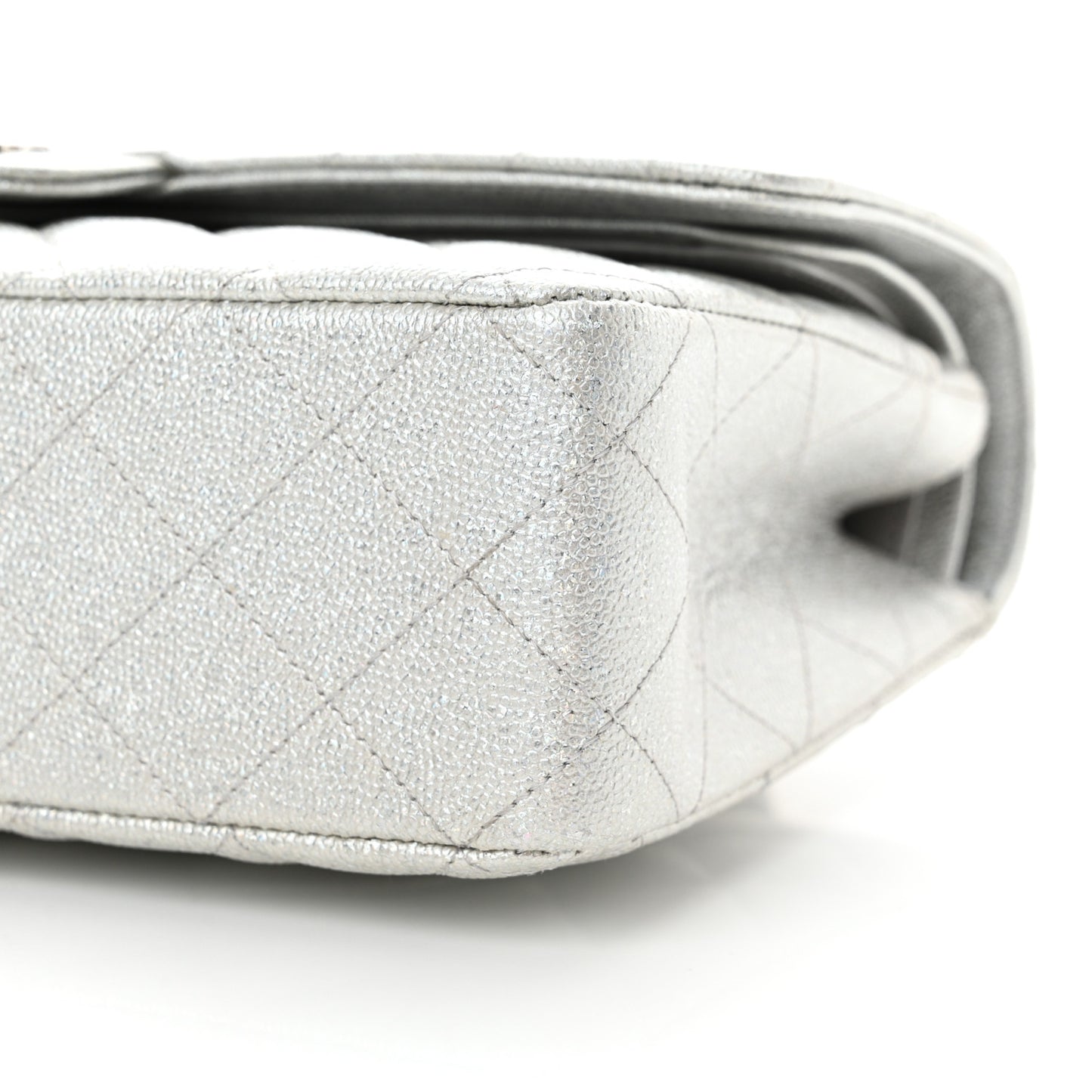 Glittered Metallic Caviar Quilted Medium Double Flap Silver