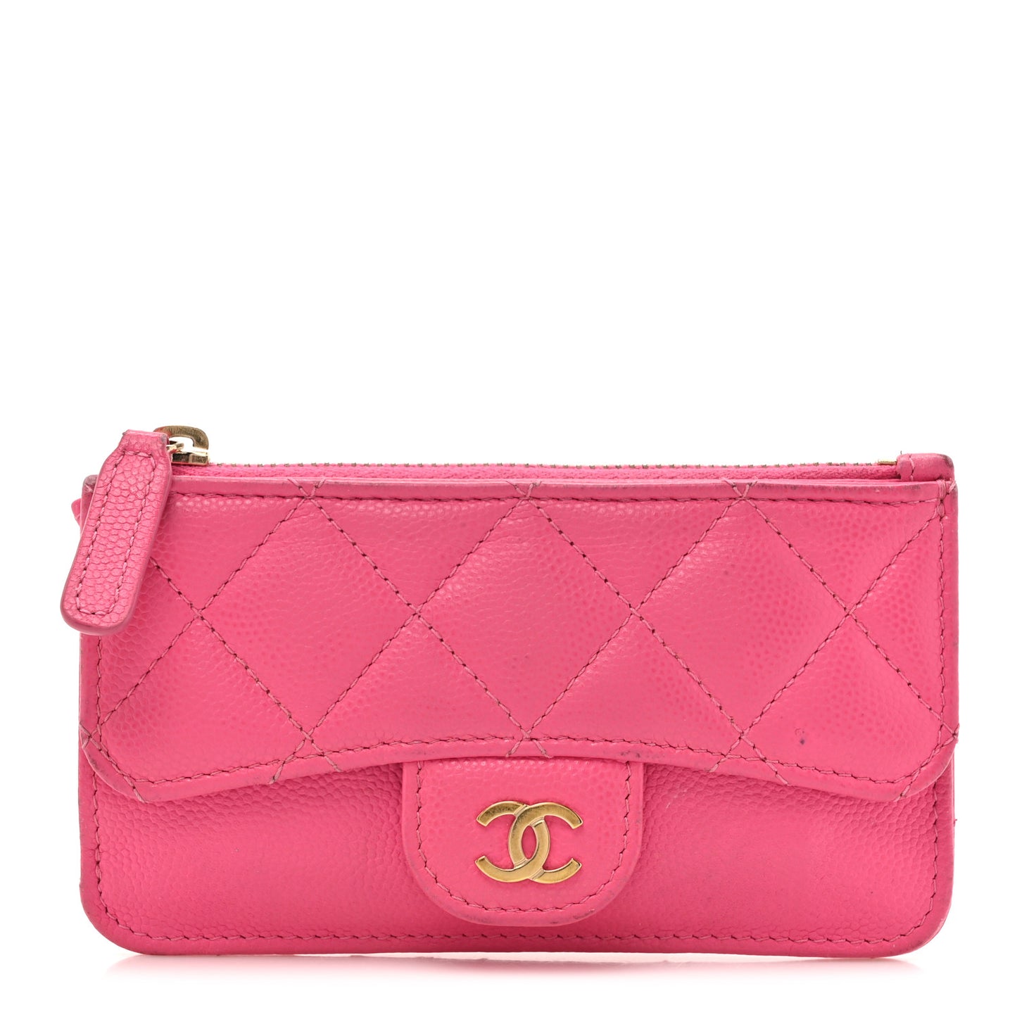 Caviar Quilted Flap Zip Card Holder Dark Pink