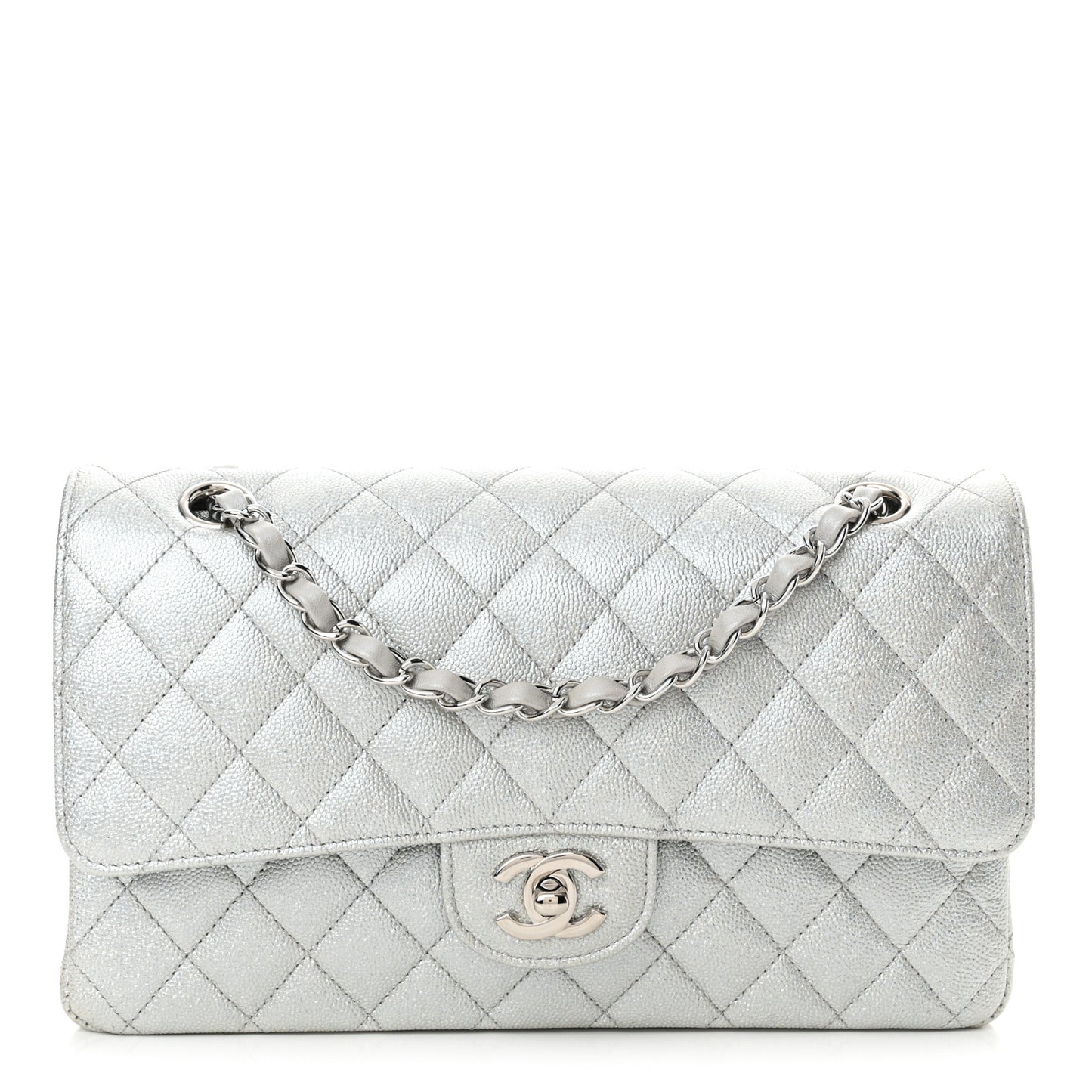 Glittered Metallic Caviar Quilted Medium Double Flap Silver