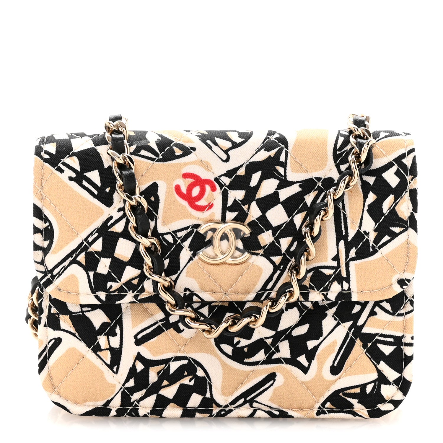 Chanel Canvas Check Flag Printed CC Clutch With Chain Beige