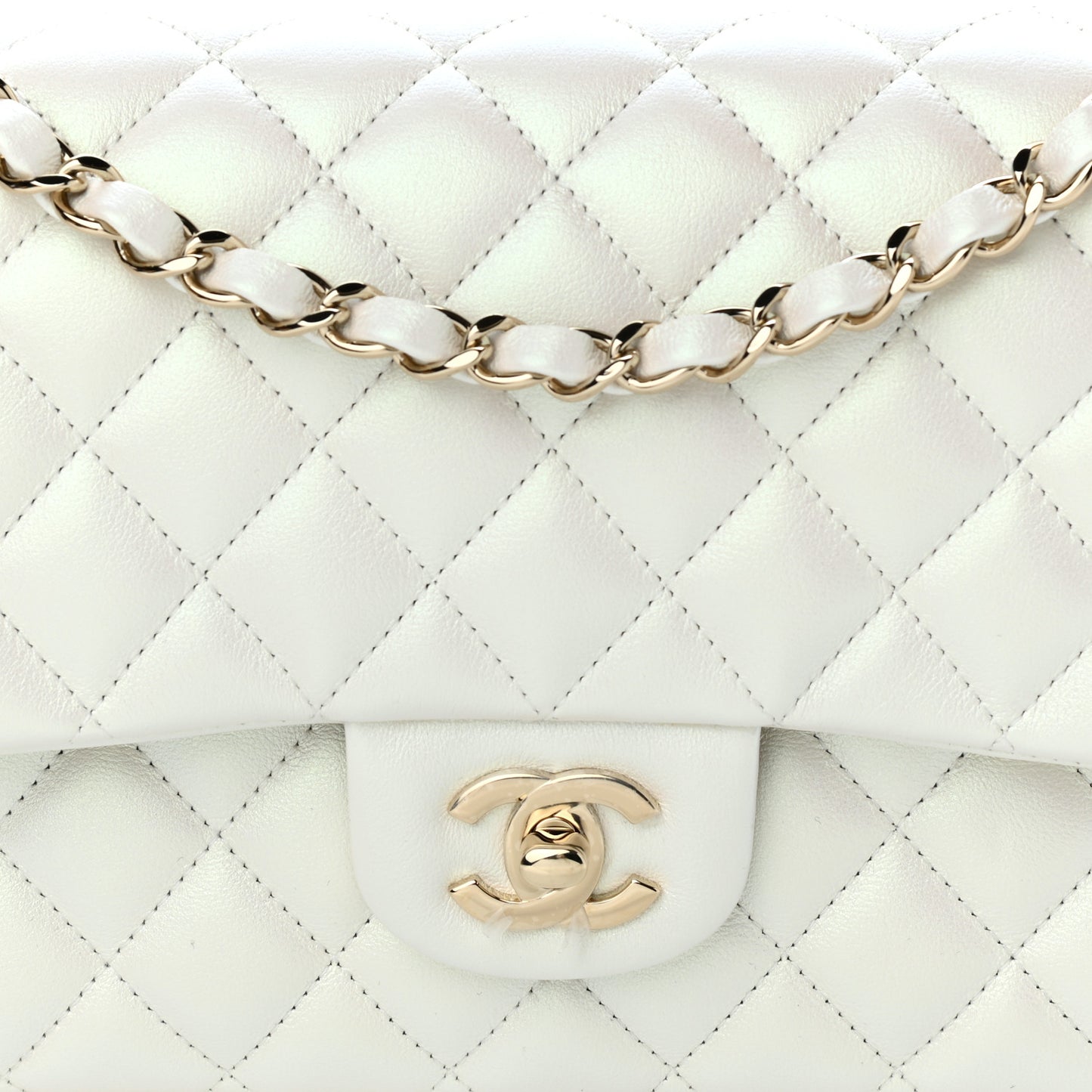 Iridescent Calfskin Quilted Medium Double Flap White