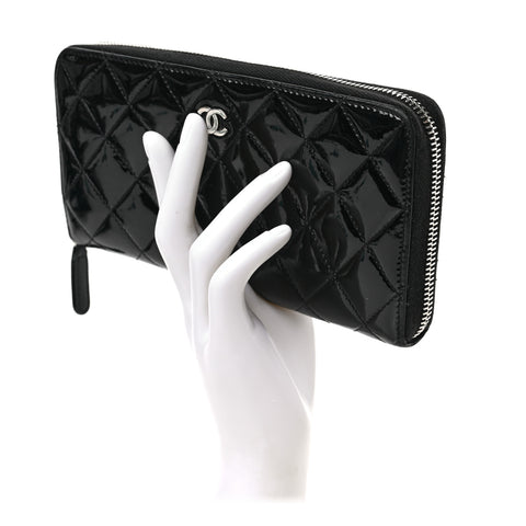 Patent Quilted Zip Around Wallet Black