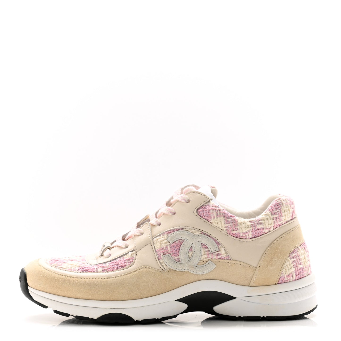 Tweed Suede Calfskin Womens CC Sneakers 40 Pink Ecru
