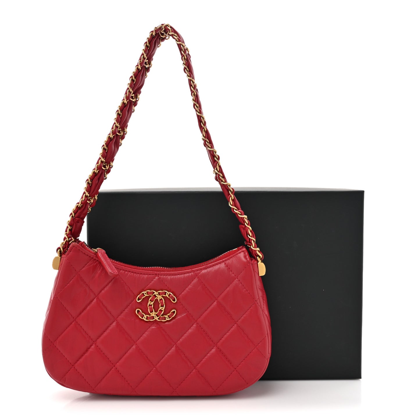 Crumpled Calfskin Quilted Braided CC Small Hobo Red