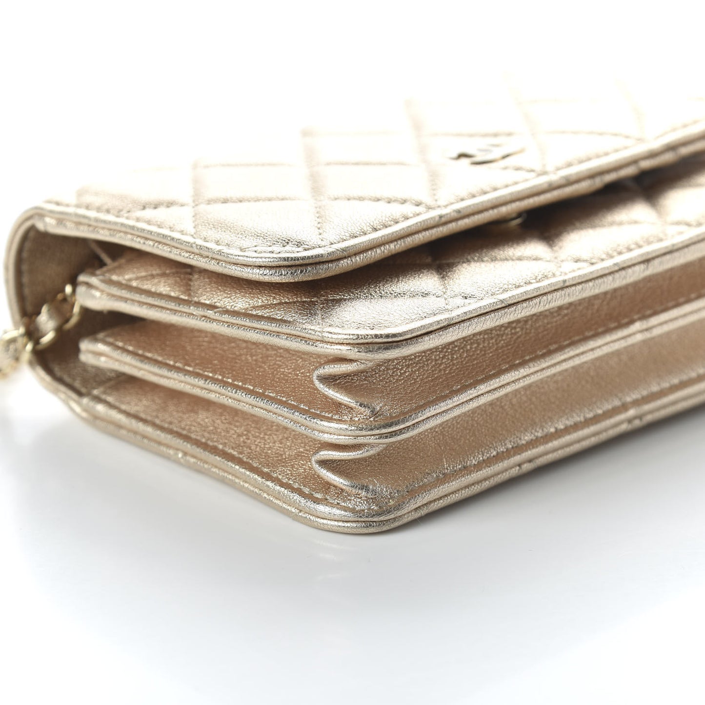 Metallic Lambskin Quilted Mini Wallet On Chain WOC Gold