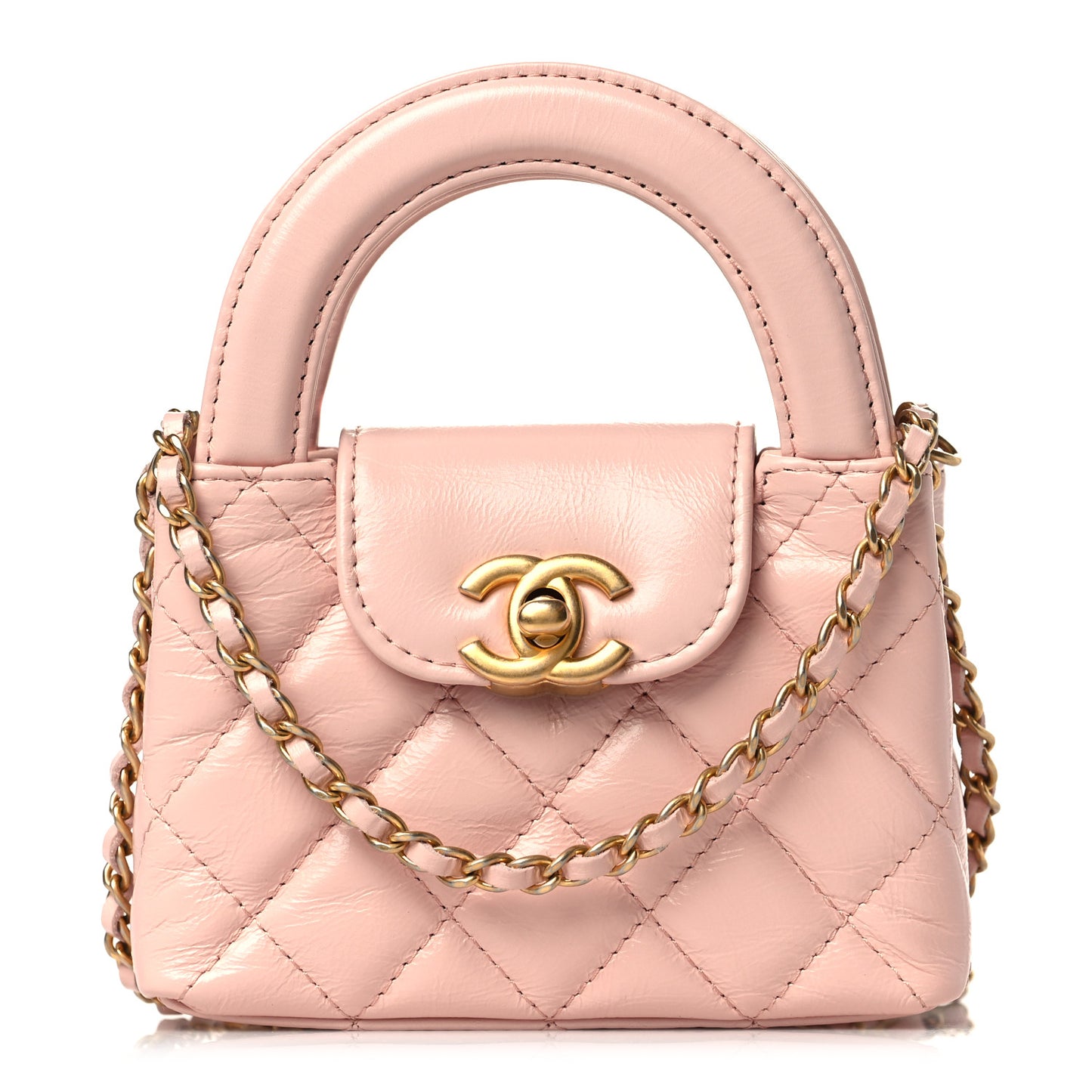 Shiny Aged Calfskin Quilted Mini Nano Kelly Shopper Light Pink