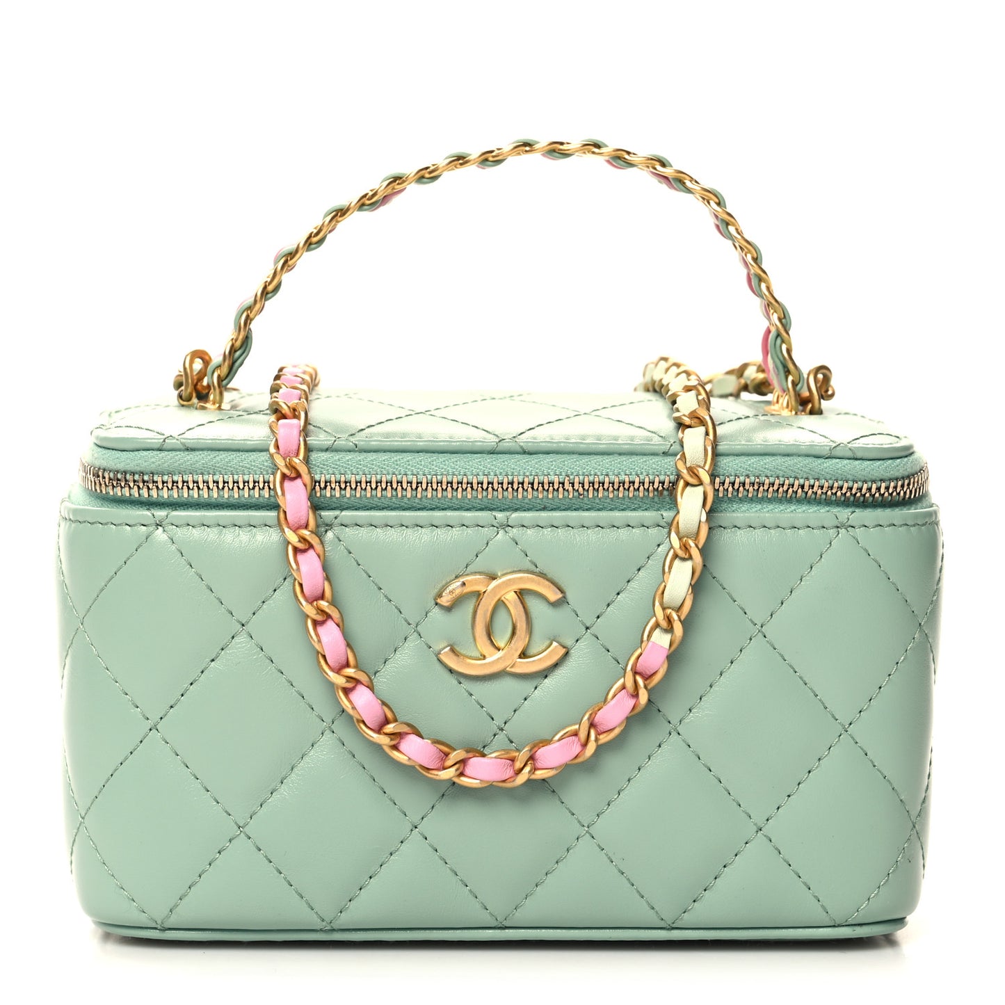 Shiny Calfskin Quilted Small Top Handle Vanity Case With Chain Light Green