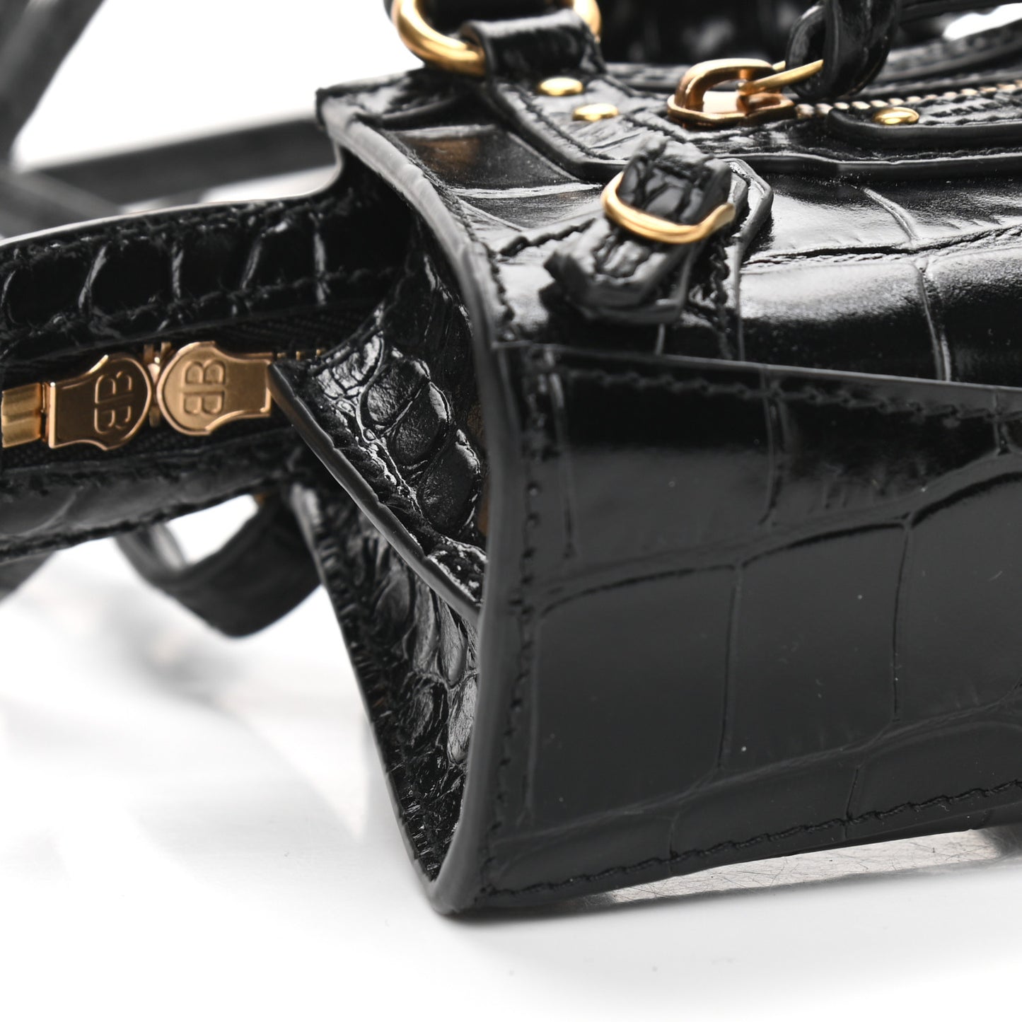 Shiny Supple Calfskin Crocodile Embossed Neo Classic Gold Hardware Super Nano City Crossbody Black