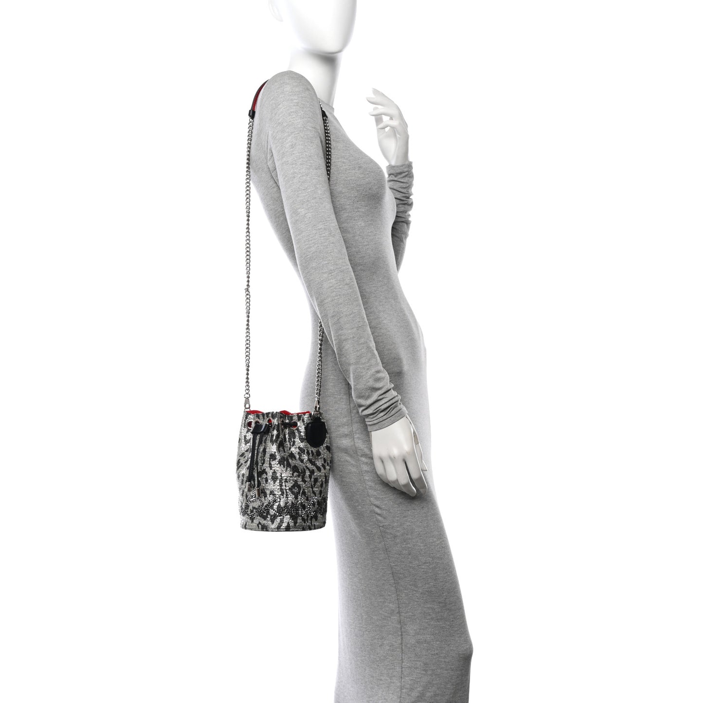 Tweed Crystal Leopard Print Marie Jane Bucket Silver