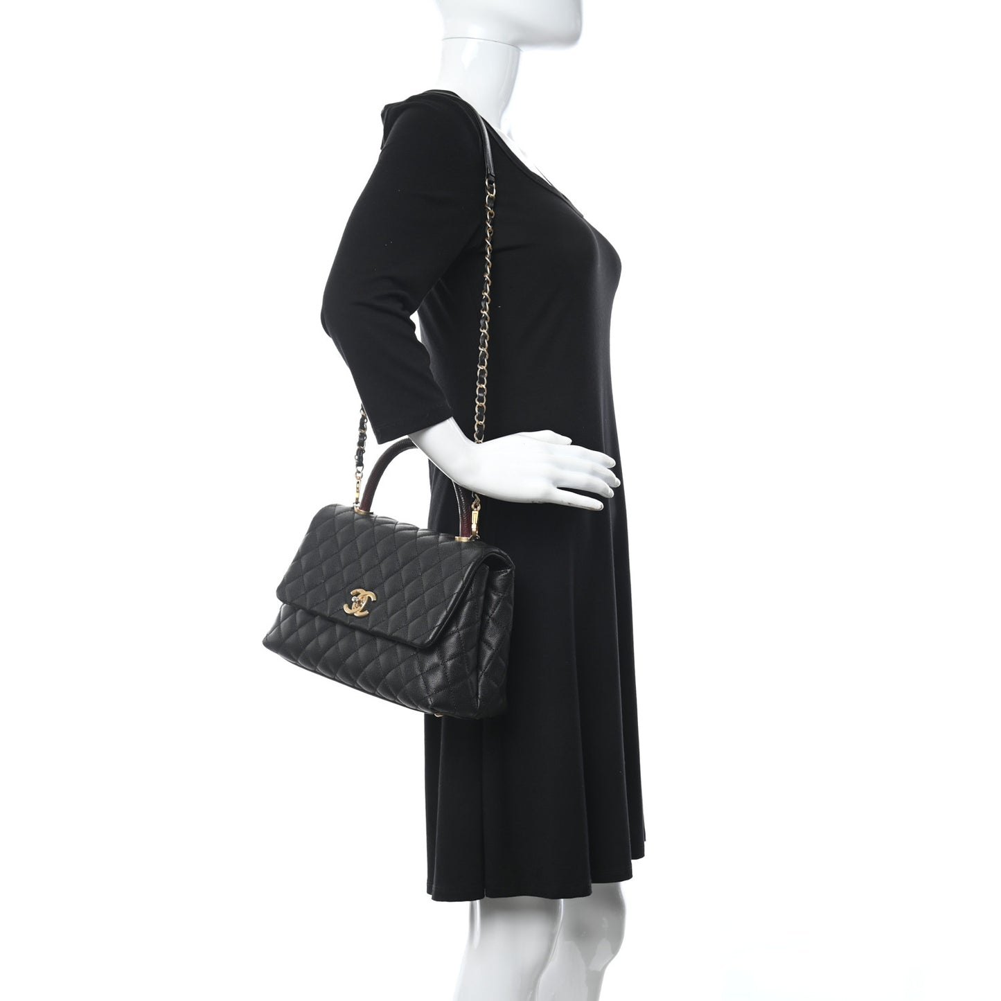 Caviar Lizard Embossed Quilted Small Coco Handle Flap Black