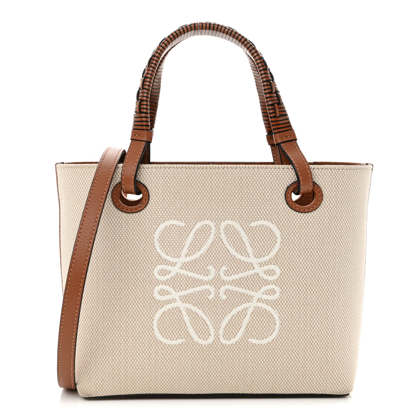 Canvas Calfskin Small Anagram Tote Ecru Tan