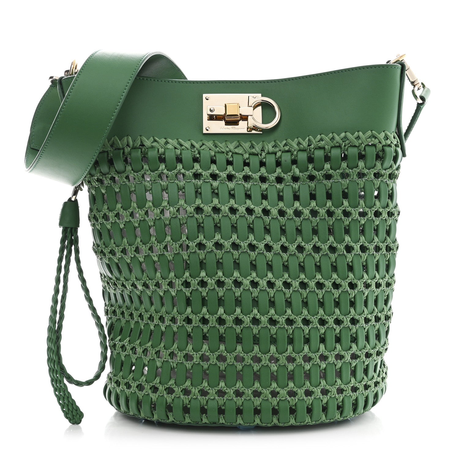 Salvatore ferragamo バックパック オリーブグリーン Salvatore Ferragamo Calfskin Woven The Studio Bucket Bag Green