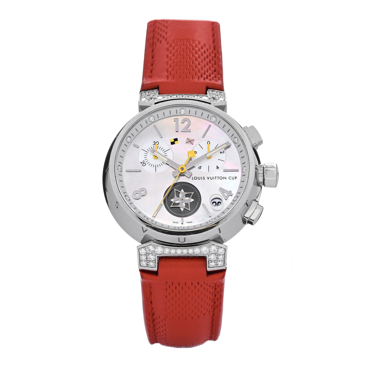 Stainless Steel Calfskin Diamond Mother of Pearl 39mm Tambour Lovely Cup Quartz Watch Red
