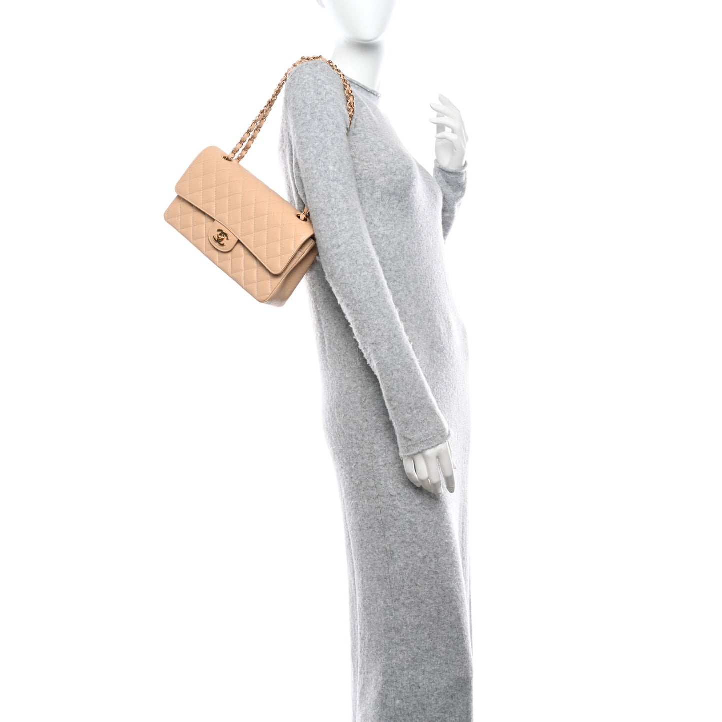 Caviar Quilted Medium Double Flap Beige