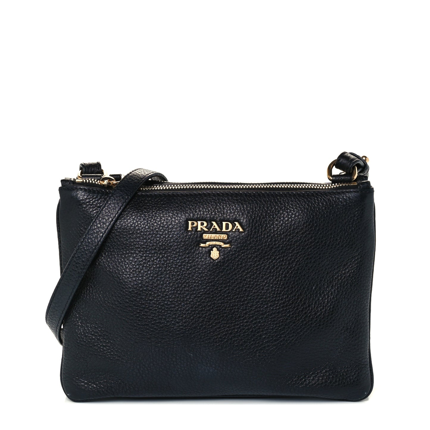 Vitello Daino Double Zip Crossbody Bag Black