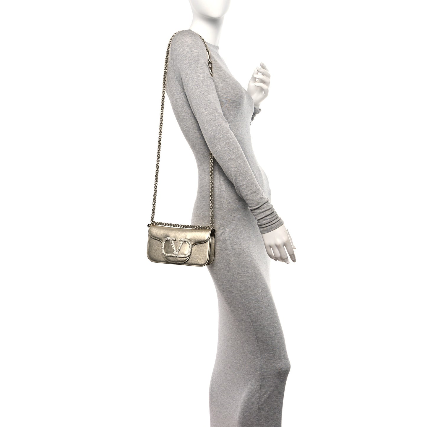 Metallic Calfskin Crystal Vlogo Small Loco Shoulder Bag Platino