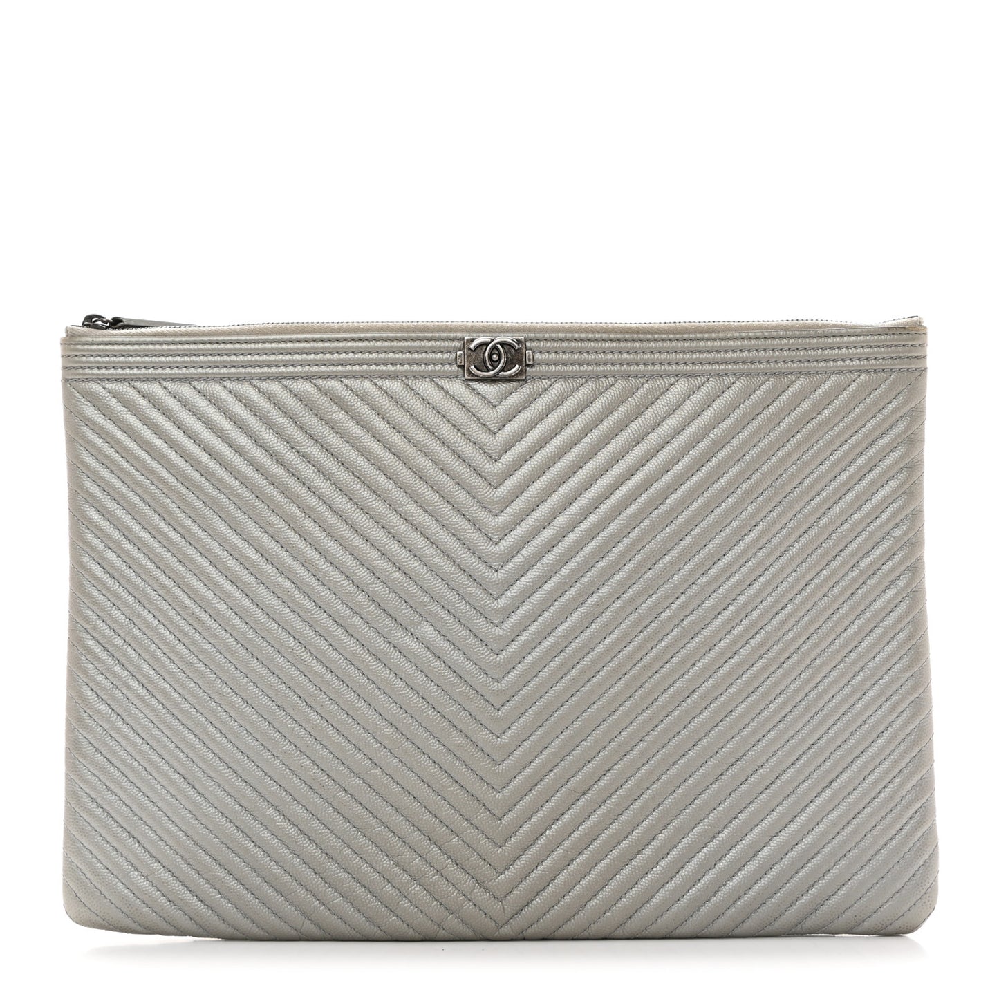 Metallic Caviar Chevron Quilted Large Boy Cosmetic Case Silver